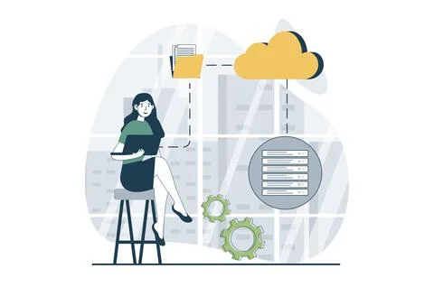 Server maintenance concept with people scene in flat design for web. Woman .. Stock Illustration