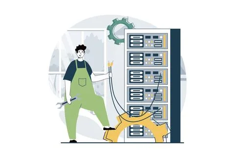 Server maintenance concept with people scene in flat design for web. Man fi.. Stockillustratie