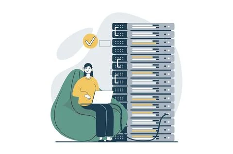 Server maintenance concept with people scene in flat design for web. Woman .. 스톡 일러스트