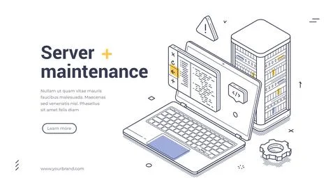 Server maintenance concept. Web banner template features an isometric illustr 스톡 일러스트