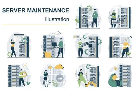 Server Maintenance Flat Illustrations Stock Illustration