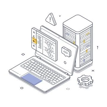 Server maintenance is illustrated in isometric line art style with laptop a.. Stock Illustration