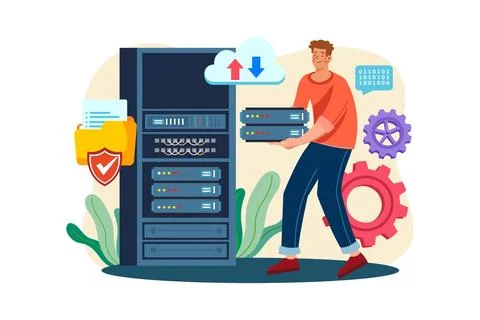 Server Maintenance Illustration concept. A flat illustration isolated on wh.. Stock Illustration