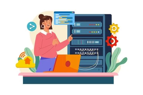 Server Maintenance Illustration concept. A flat illustration isolated on wh.. Stock Illustration