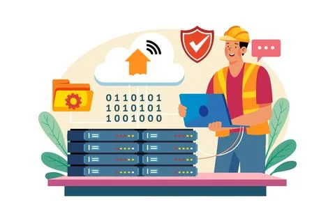 Server Maintenance Illustration concept. A flat illustration isolated on wh.. Stock Illustration