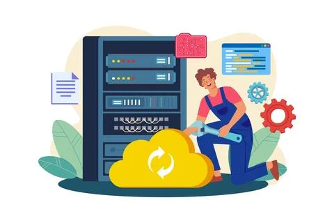 Server Maintenance Illustration concept. A flat illustration isolated on wh.. Stock Illustration