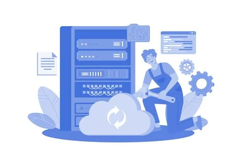 Server Maintenance Illustration concept. A flat illustration isolated on wh.. Stock Illustration