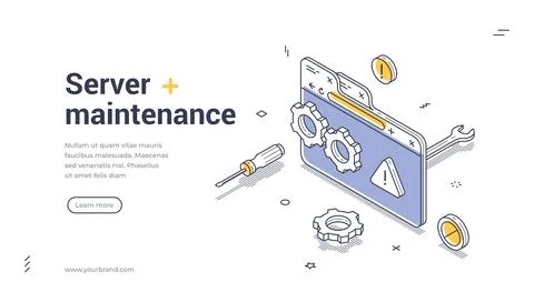 Server maintenance web banner. Isometric template with browser window, gears, 스톡 일러스트