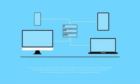 Server management, server technology simple thin lines from server to device. Stock Illustration