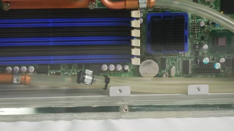 Server Motherboard Liquid Cooling Installation Copper Heat Pipe Blue RAM Stock Footage 340539943