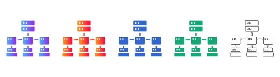 Server Network Hierarchy Icons in Gradient and Line Art Illustration