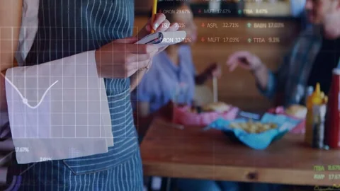 Server noting order on pad after patrons signaling in restaurant, animated Stock Footage 332544712
