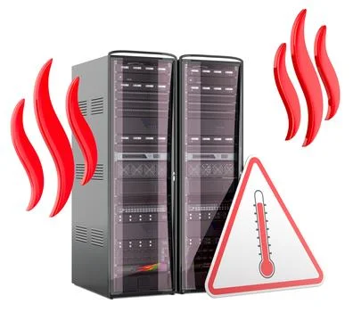 Server overheating warning with temperature alert sign, 3d rendering Illustrazione stock