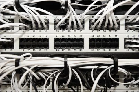 Server panel with cables and connectors Stock Photos