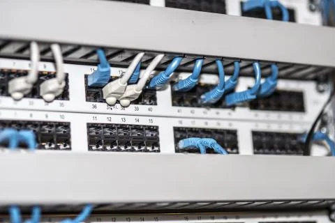 Server panel with cables and connectors Stock Photos