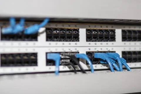 Server panel with cables and connectors Stock Photos