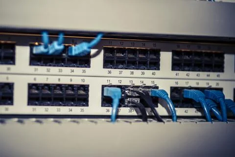 Server panel with cables and connectors Stock Photos