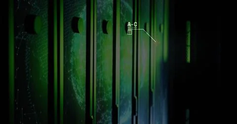 Server panels glowing in datacenter, HUD label appearing and projecting globe Stock Illustration