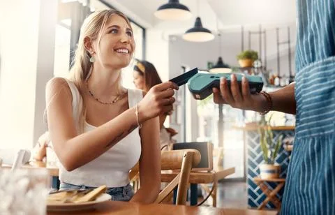 Server, pos machine and customer with credit card in restaurant, bill settl.. Stock Photos