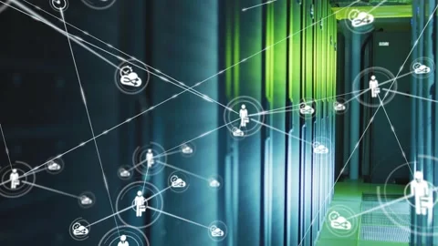 Server rack aisle showing node appearing, icons radiating into mesh showing Video stock 322119373