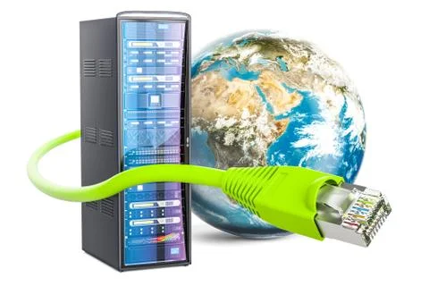 Server rack and lan internet cable with Earth Globe. Global internet concept, Illustrazione stock