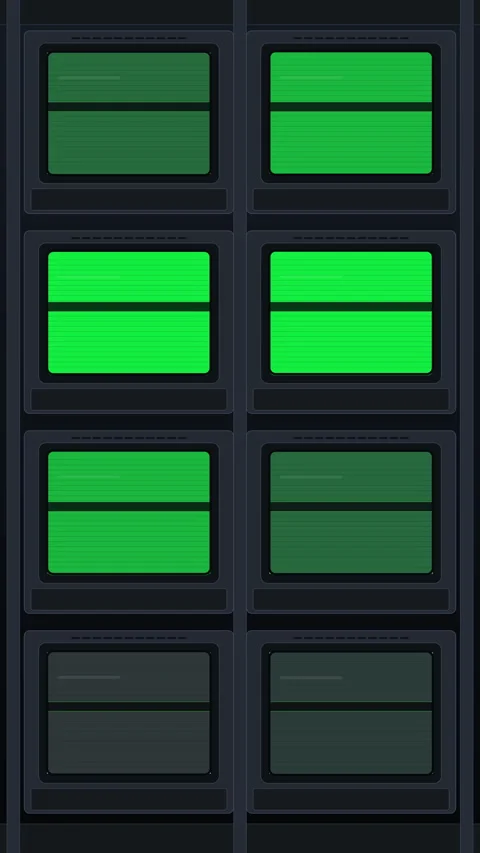Server rack animation showing green monitor displays flashing data loop Stock Footage 346646412