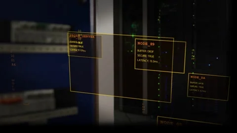 Server rack area panning right, network HUD monitoring PROXY_SERVER, NODE_89 Video stock 332522434