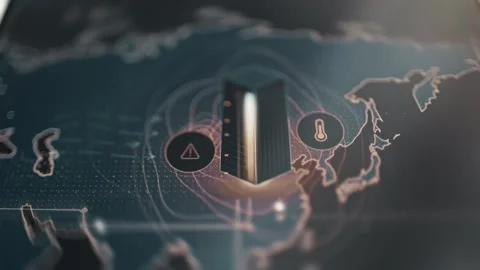 Server rack between alert and temperature symbols Stock Footage 345494136