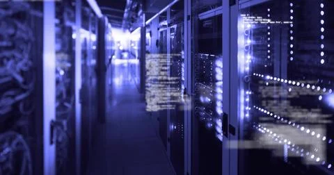 Server rack blinking blue LED lights in data center hallway, with blurred code 写真素材
