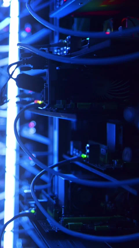 Server rack with blinking lights and network cables in data center room for.. Stock Footage 339511638