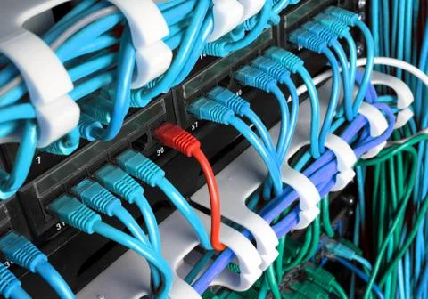 Server rack with blue and red internet patch cord cables Stock Photos