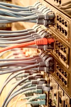 Server rack with blue and red internet patch cord cables connected to black p Stock Photos