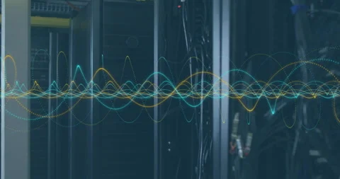 Server rack cabinet getting highlighted by multicolored data waveforms looping Video stock 307431220