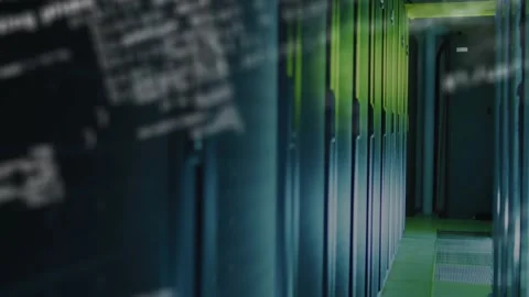 Server rack cabinets forming corridor under glowing LEDs, with code lines Stock Footage 330295210