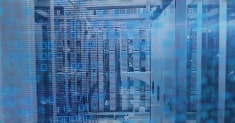 Server rack cabinets glowing with LED lights in data center corridor, with 스톡 사진