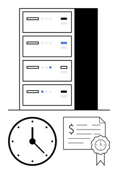 Server Rack with Clock and Certification Document Representing Time Managem.. Stock Illustration