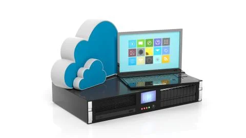 Server rack, cloud and laptop icons isolated on white background. Stock Illustration