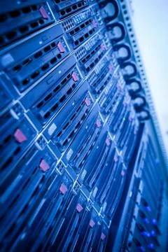 Server rack cluster in a data center (shallow DOF; color toned i 写真素材