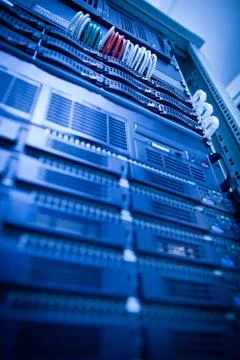 Server rack cluster in a data center (shallow DOF; color toned i Foto stock