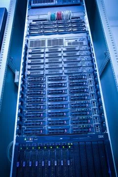Server rack cluster in a data center (shallow DOF; color toned i Foto stock