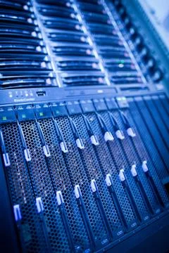 Server rack cluster in a data center (shallow DOF; color toned i Foto stock