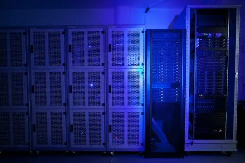 Server rack cluster in a data center (shallow DOF; color toned i 写真素材