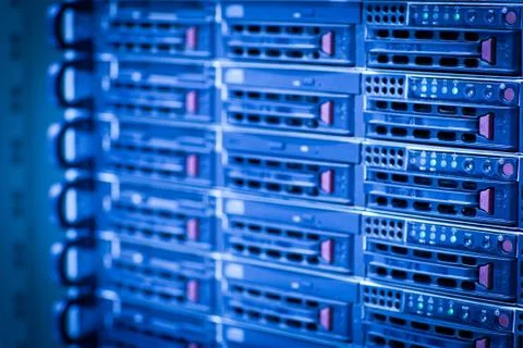 Server rack cluster in a data center (shallow DOF; color toned i Foto stock