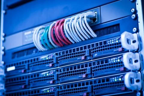 Server rack cluster in a data center (shallow DOF; color toned i Foto stock