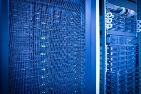 Server rack cluster in a data center (shallow DOF; color toned i 写真素材