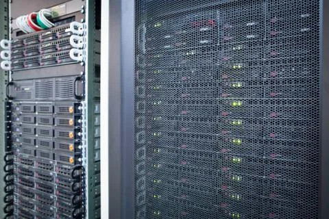 Server rack cluster in a data center (shallow DOF; color toned i 写真素材