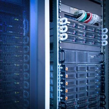 Server rack cluster in a data center (shallow DOF; color toned i 写真素材