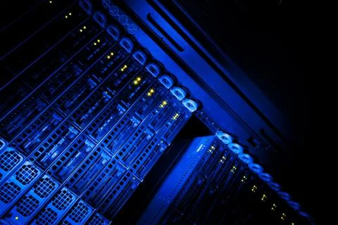 Server rack cluster in a data center (shallow DOF; color toned i Foto stock
