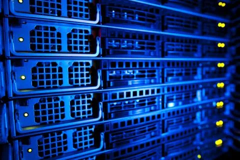 Server rack cluster in a data center (shallow DOF; color toned i 写真素材