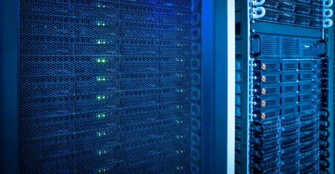 Server rack cluster in a data center (shallow DOF; color toned i 写真素材